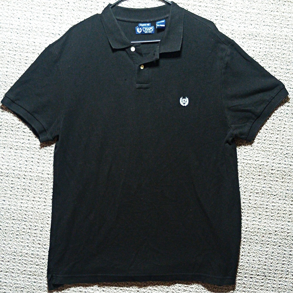 Chaps Custom Fit Men's Solid Black Cotton Knit Polo Shirt XL Short Sleeve VinD10
